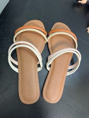 J. Crew Women’s Tan Slide Sandals with Cream, Pink & Orange Straps